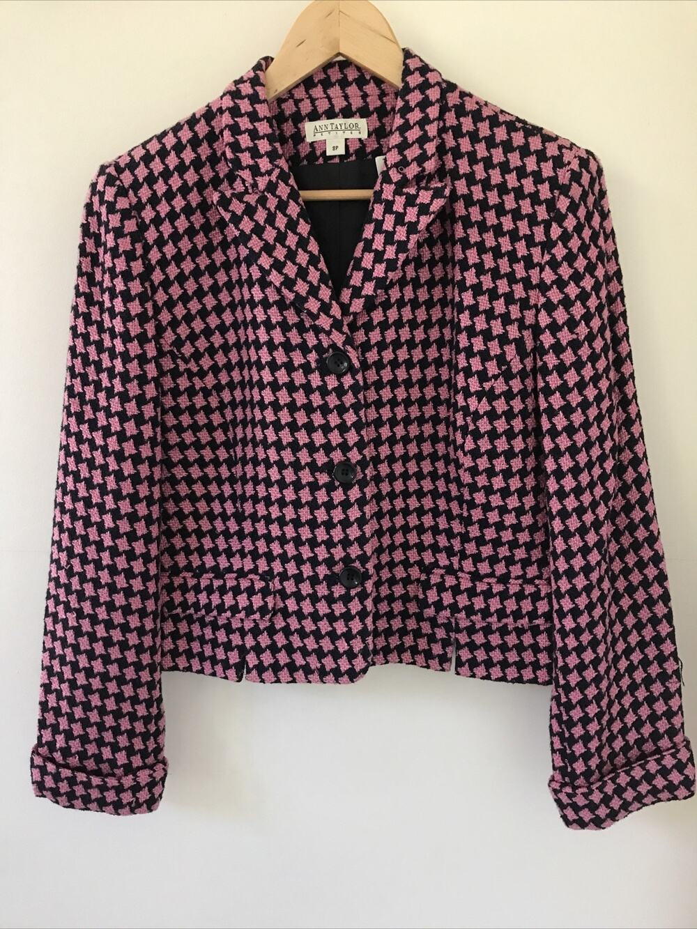 Vintage Ann Taylor Petites USA Made Pink Houndstooth Wool Blend Blazer 8P 40"